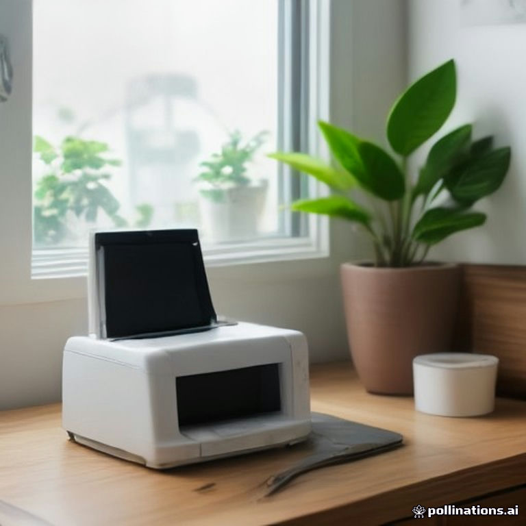 The white scanner-shredder appliance on a walnut desk beside a laptop and a plant in warm window light