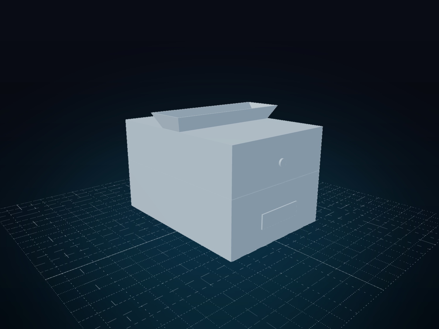 Shaded CAD render of the DISSID attachment: an A4-footprint moulded enclosure with a flared input hopper on top, a status-indicator lens and brand panel on the front, sitting on a dark studio floor